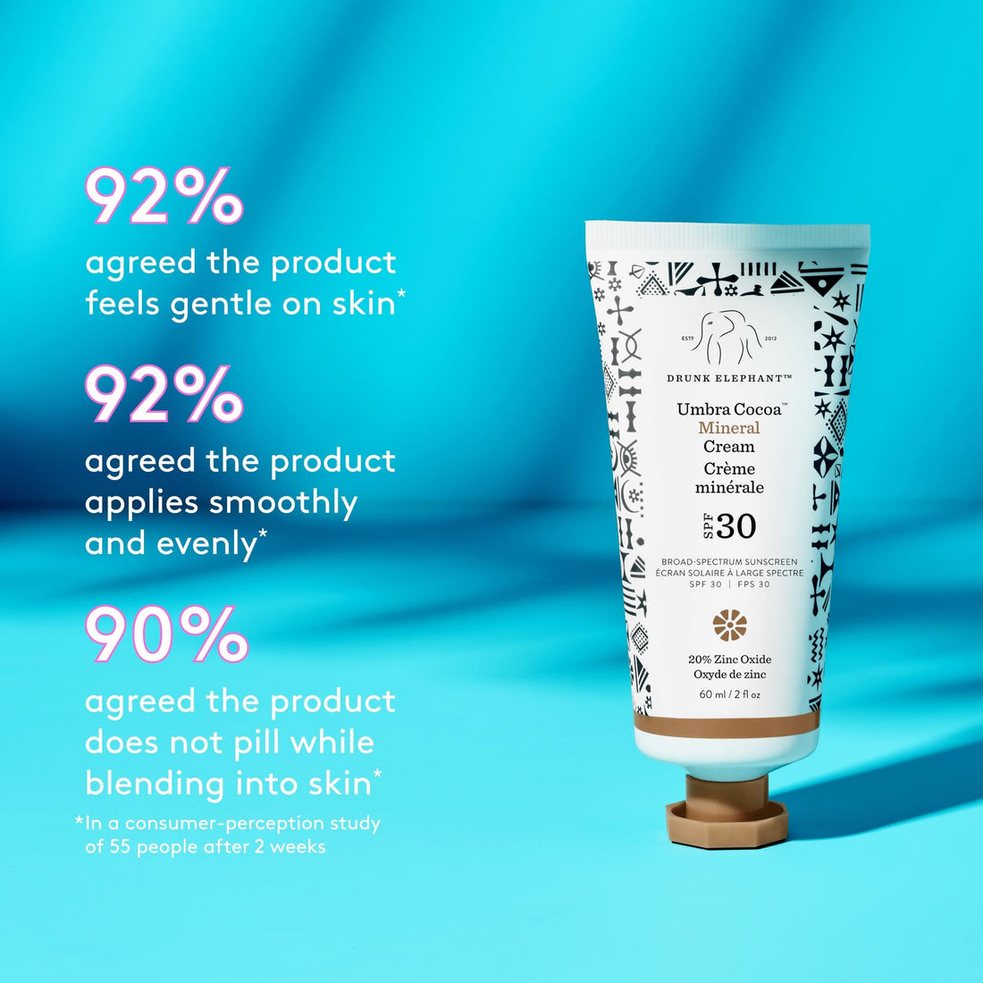 Drunk Elephant Umbra Cocoa Mineral Cream (SPF 30) - 60 ml/2 fl oz - Mineral Sunscreen - Clean Clinical Skincare - Cruelty-Free - Dermatologist-Tested - Free of Essential Oils, Silicones, and Fragrance