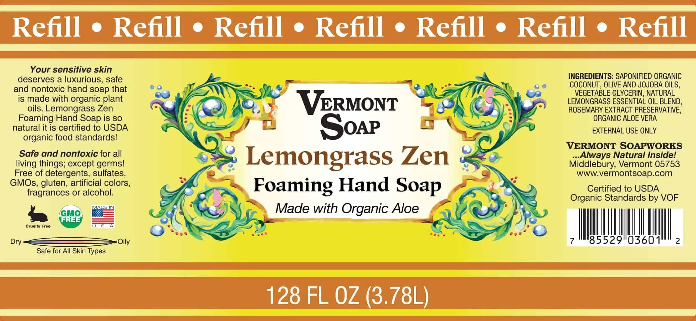 VERMONT SOAP Organics Foaming Hand Soap, Liquid Soap with Pre-diluted Formula - Ready to Use Lemongrass Hand Soap With Convenient and Economical Gallon Refill Size