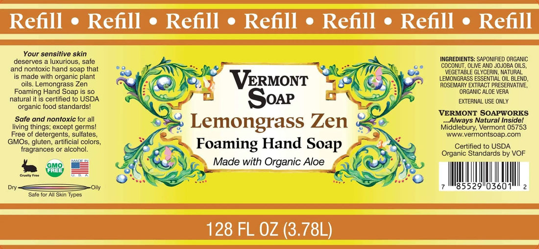 VERMONT SOAP Organics Foaming Hand Soap, Liquid Soap with Pre-diluted Formula - Ready to Use Lemongrass Hand Soap With Convenient and Economical Gallon Refill Size