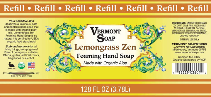 VERMONT SOAP Organics Foaming Hand Soap, Liquid Soap with Pre-diluted Formula - Ready to Use Lemongrass Hand Soap With Convenient and Economical Gallon Refill Size