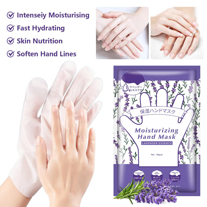 BYOTOUTY Lavender Essence Hand Masks Moisturizing Glove 6 Pack, Repairing Hand Masks for Dry Cracked Hands, Hydrating Hand Mask for Women with Aloe, Glycerin, Hand Care Christmas Spa Gift Set