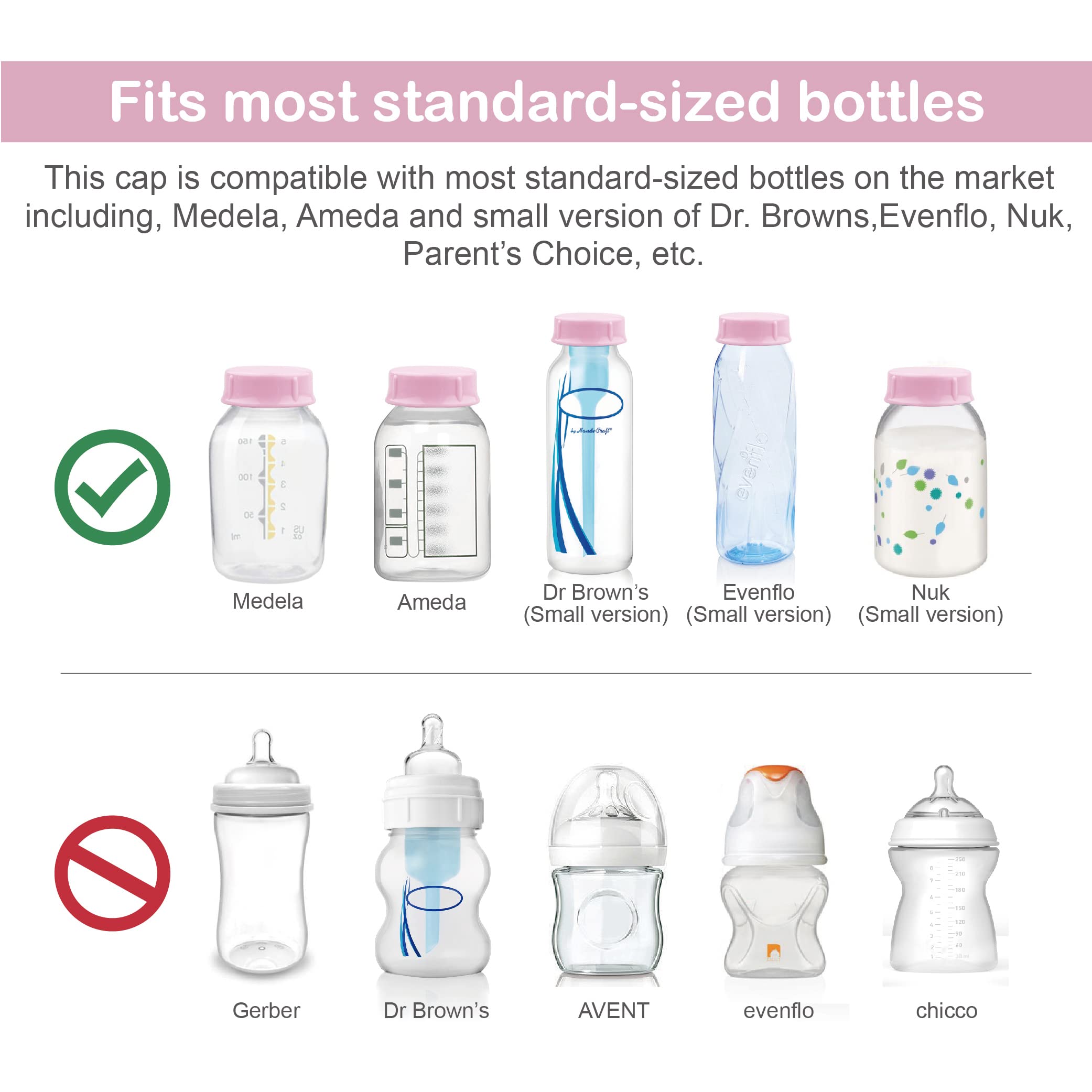 Maymom Solid Lids with Sealing Ring for Standard Sized Bottles; Bottles Lids Compatible with Medela Bottles, Ameda, and Small Sized Nuk, Playtex, Gerber Bottles; 8pc (Pink)