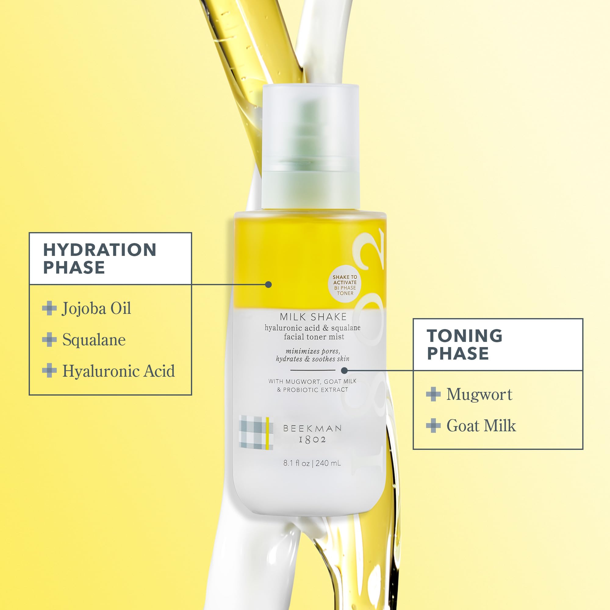 Beekman 1802 Milk Shake Hydrating Face Mist - Hyaluronic Acid & Squalane Facial Mist Minimizes Pores & Gently Moisturizes - Goat Milk Skin Toner Spray - Lightweight, Fragrance-Free Travel Toner