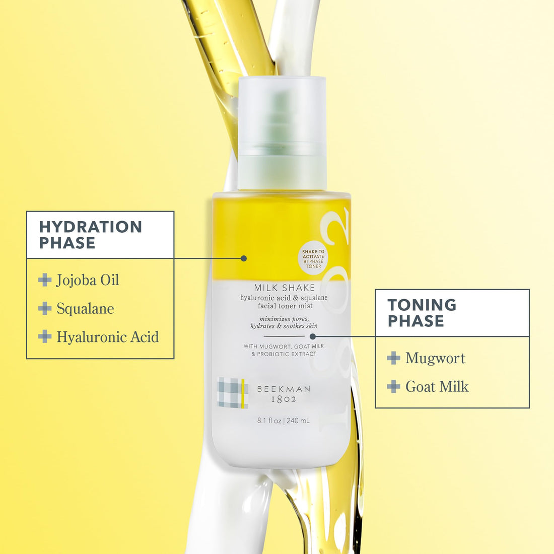 Beekman 1802 Milk Shake Hydrating Face Mist - Hyaluronic Acid & Squalane Facial Mist Minimizes Pores & Gently Moisturizes - Goat Milk Skin Toner Spray - Lightweight, Fragrance-Free Travel Toner
