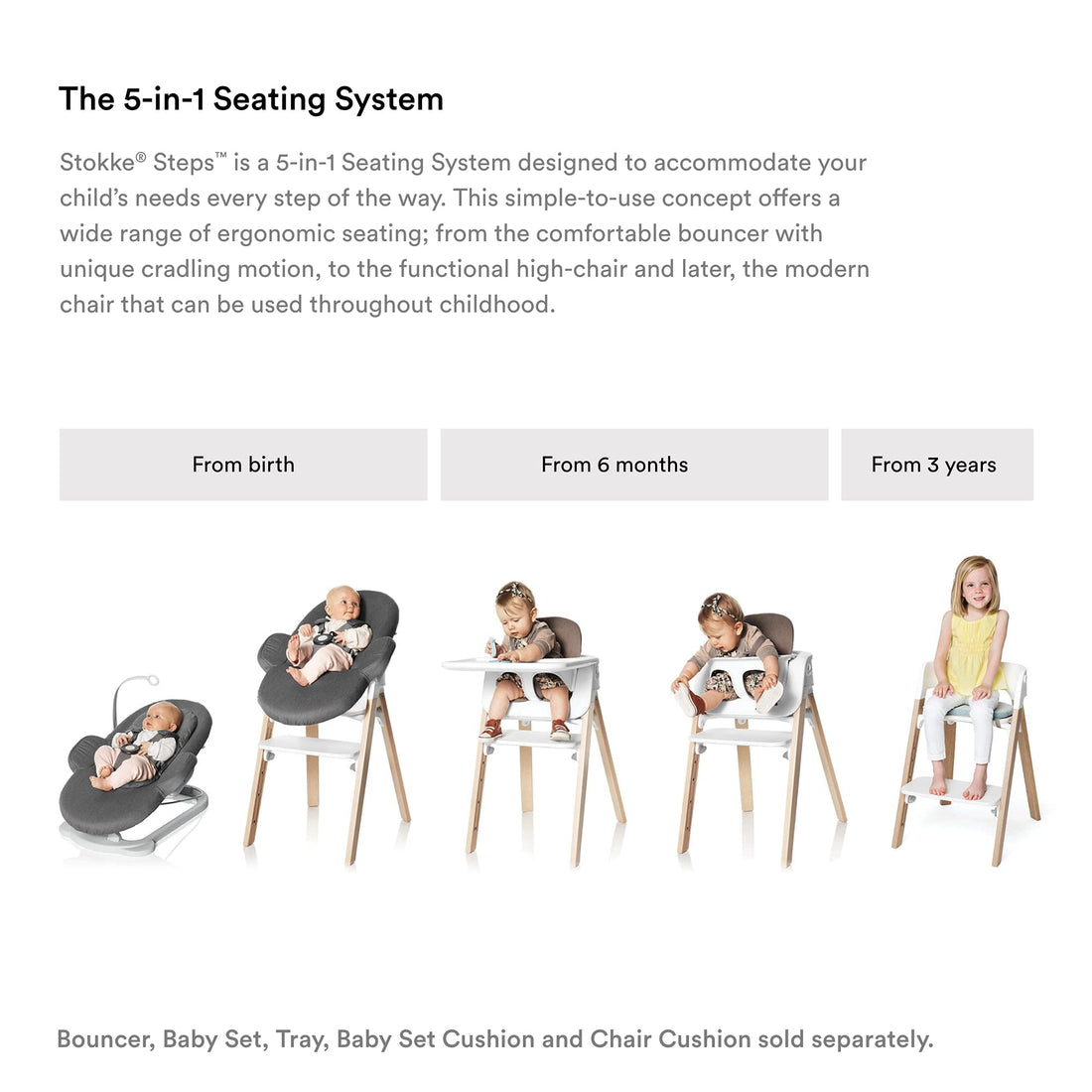 Stokke Steps Chair - Hazy Grey Legs & White Seat - 5-in-1 Seat System - Can Transform Into Newborn + Toddler High Chair - Use Throughout Childhood or Up to 187 lbs. - Tool Free, Stylish & Adjustable