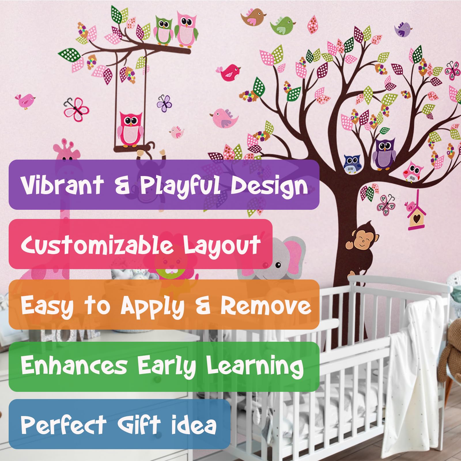 DEKOSH Pink Jungle Baby Nursery Wall Decal Peel & Stick Colorful Owl Giraffe Lion Animal Wall Stickers for Kids Room