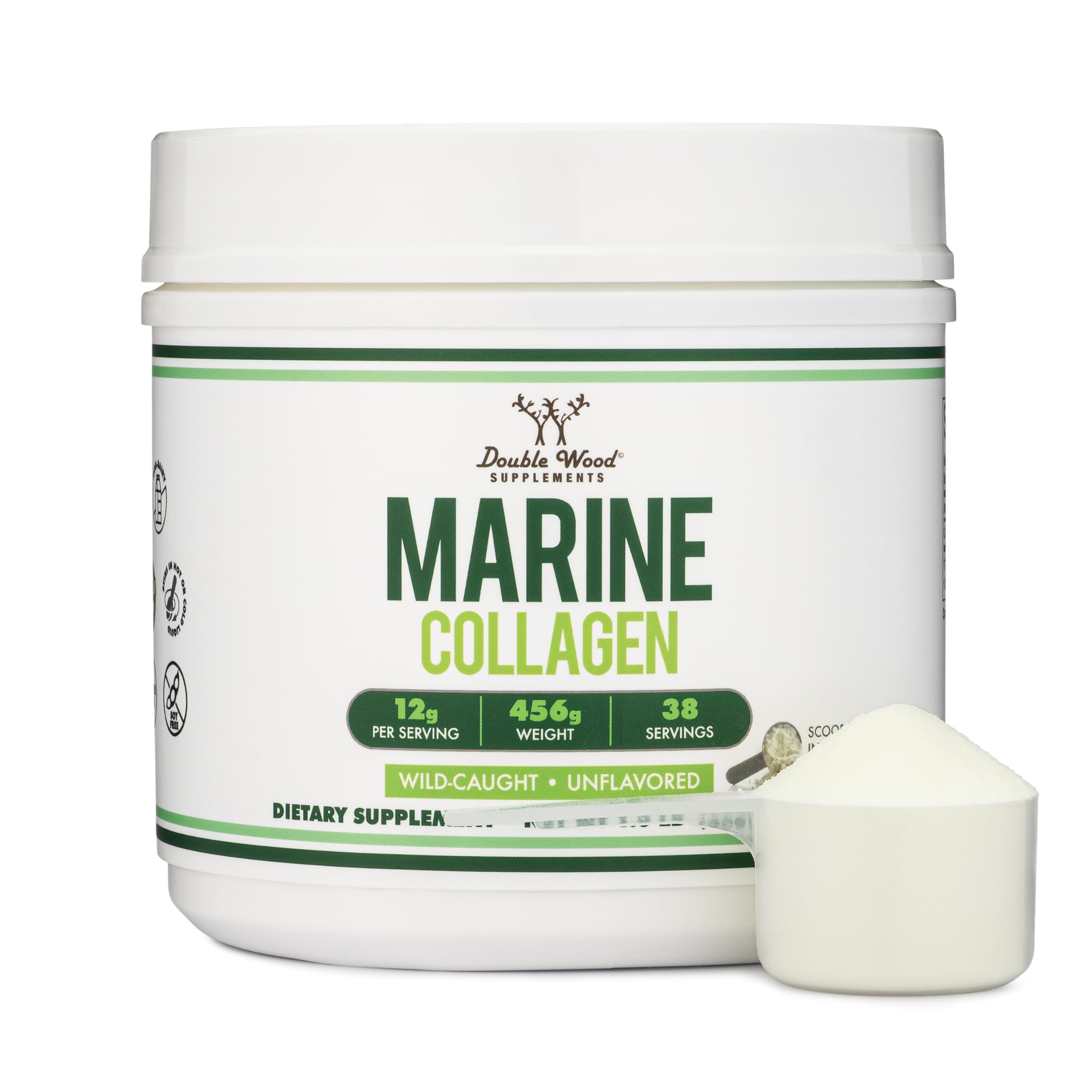 Double Wood Supplements Marine Collagen Powder (1 LB / 16 OZ of Quick Dissolve Marine Collagen Peptides) Wildcaught, Unflavored, Micronized - Scoop Included, No Fillers (38 Servings of 12 Grams Each)