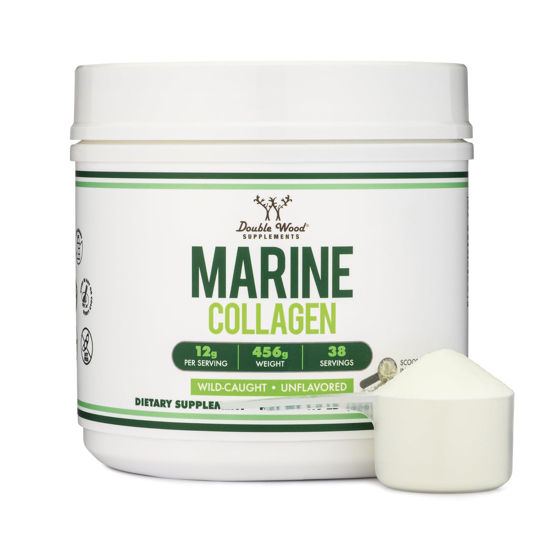 Double Wood Supplements Marine Collagen Powder (1 LB / 16 OZ of Quick Dissolve Marine Collagen Peptides) Wildcaught, Unflavored, Micronized - Scoop Included, No Fillers (38 Servings of 12 Grams Each)