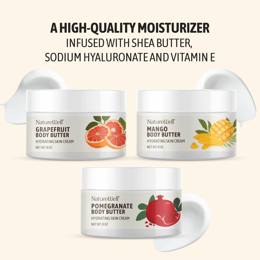 NATURE WELL Shea Body Butter Variety Pack, Includes Grapefruit, Mango, & Pomegranate, Provides Ultimate Nourishment & Hydration, 3 Pack (8 Ounces Each)