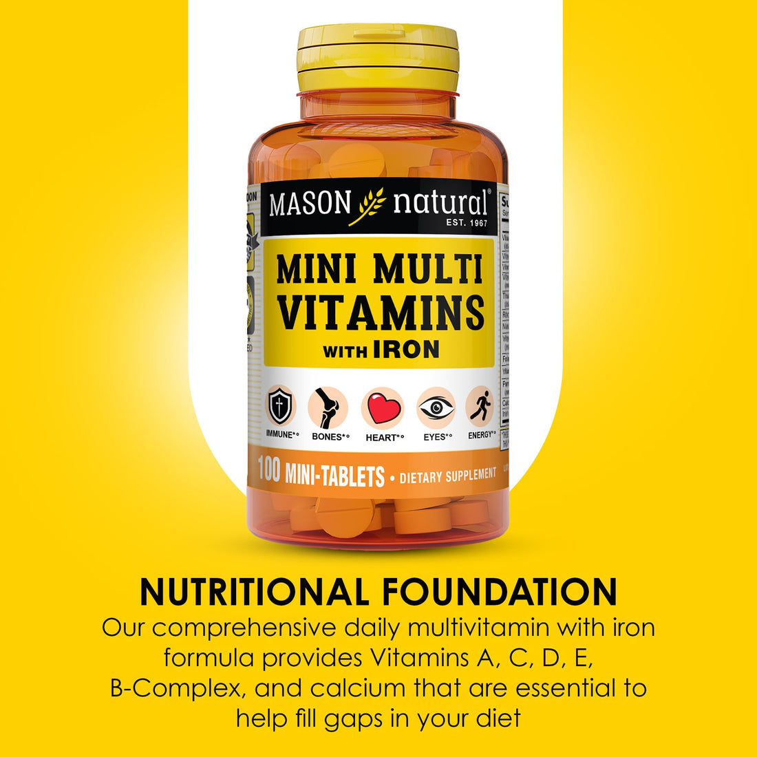 MASON NATURAL Daily Mini Multi Vitamins with Iron, Vitamins A, C, D, E, B1, B2, B3, B6, B12, Folate & Calcium, 100 Day Supply per Bottle (3-Pack)
