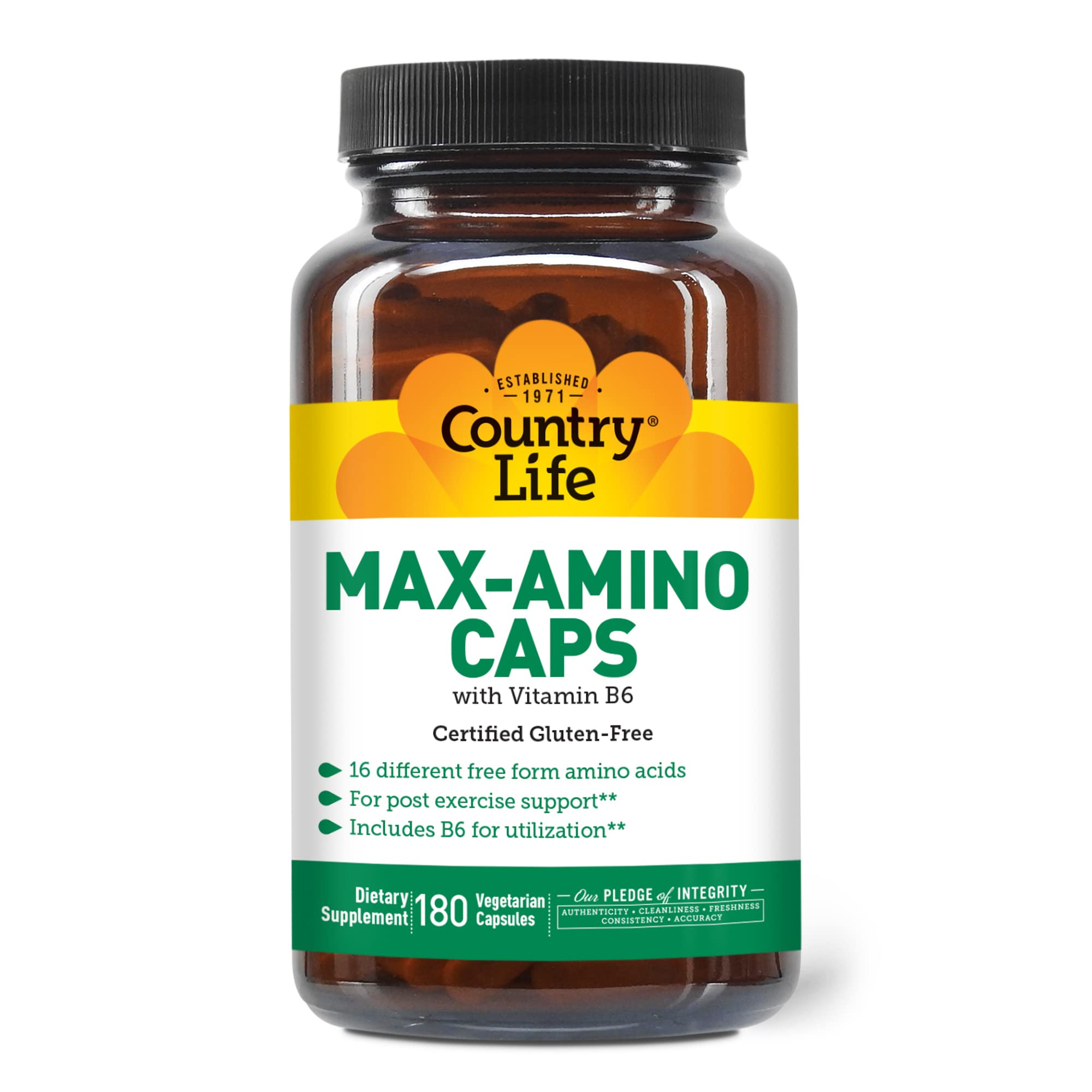 Country Life Maxi-Amino with 16 Free Form Amino Acids, 180 Vegetarian Capsules, Certified Gluten Free, Certified Vegetarian