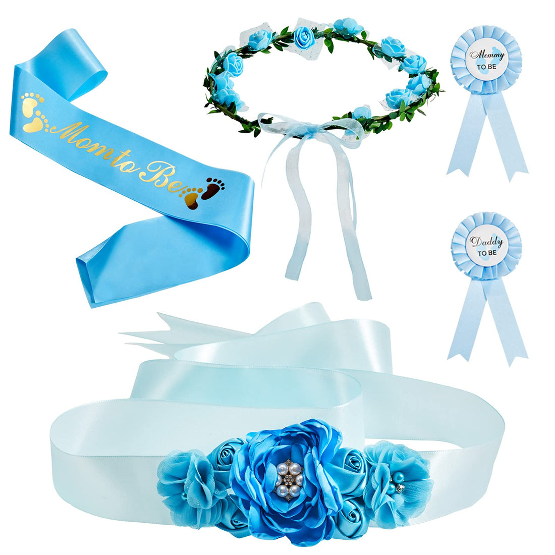 Xinnun 5 Pcs Baby Shower Maternity Sash Kit Shoulder Sash and Pin Daddy Corsages Flower Crown Pregnancy Sash Rose Wreath Headdress for Baby Shower Pregnancy Parents Prop Present Party Favor(Blue)