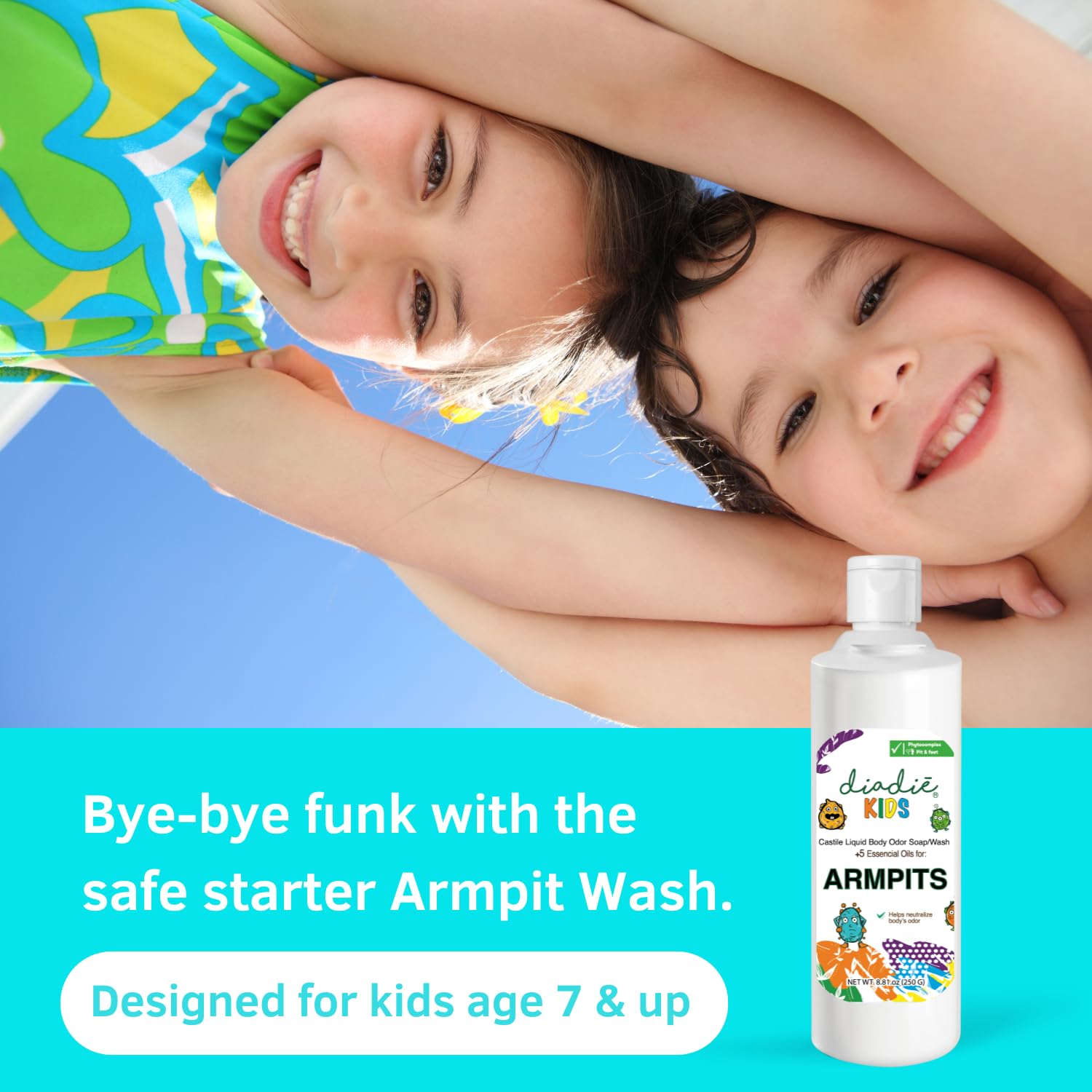 Diadié Kids Natural Castile Liquid Body Odor Soap/Wash, For Armpits, Boys or Girls, Made With 5 Essential Oils, 8.81 oz, 1 Pack