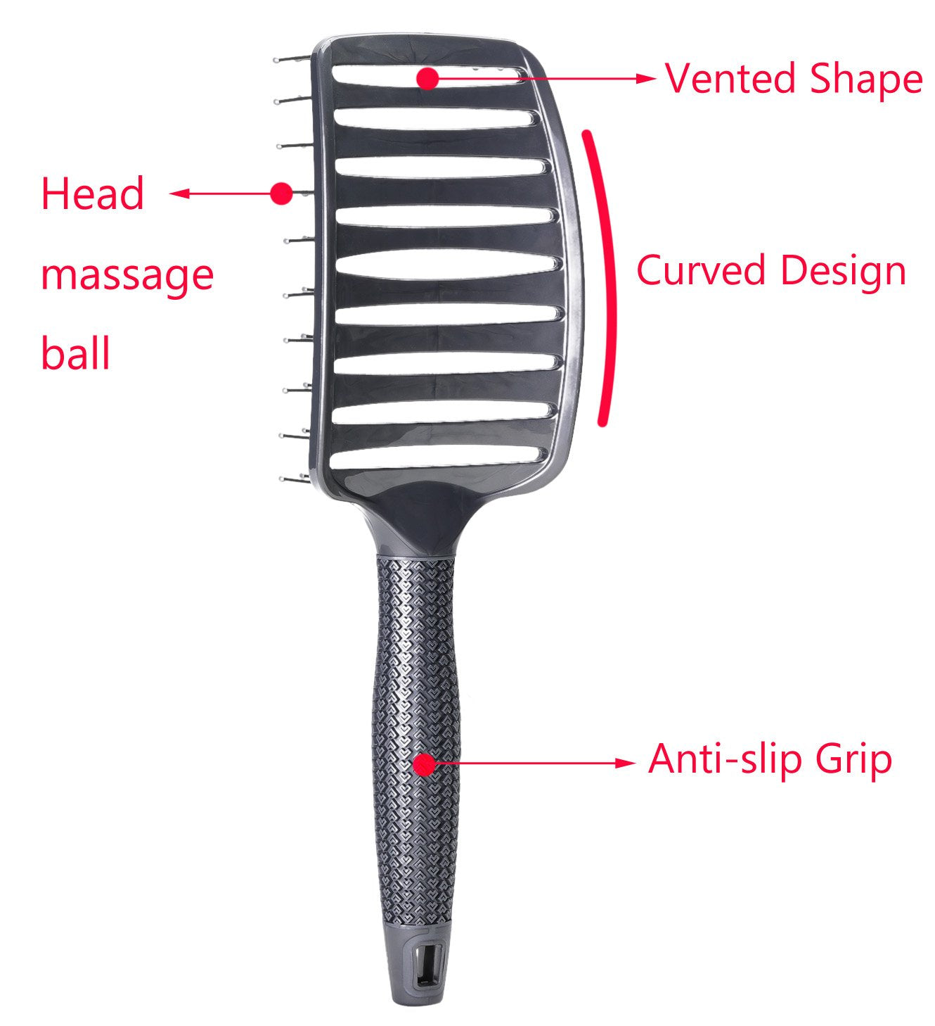Curved Vent Brush, Barber Blow Drying Brush with Nylon Detangling Pins, Anti-Static - Grey