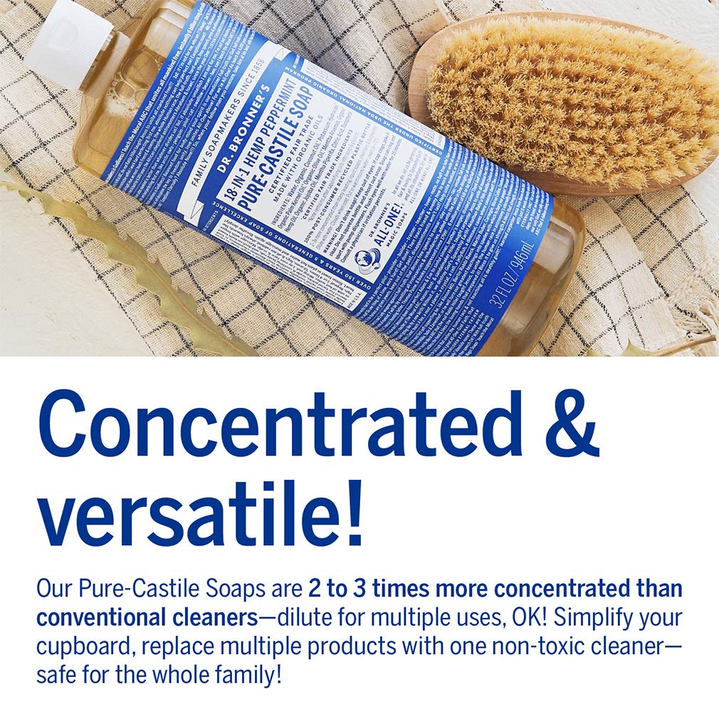 Dr. Bronnerââ‚¬â„¢s - Pure-Castile Liquid Soap (Peppermint, 32 ounce and 2oz bundle) - Made with Organic Oils, 18-in-1 Uses: Face, Body, Hair, Laundry, Pets and Dishes, Concentrated, Vegan, Non-GMO