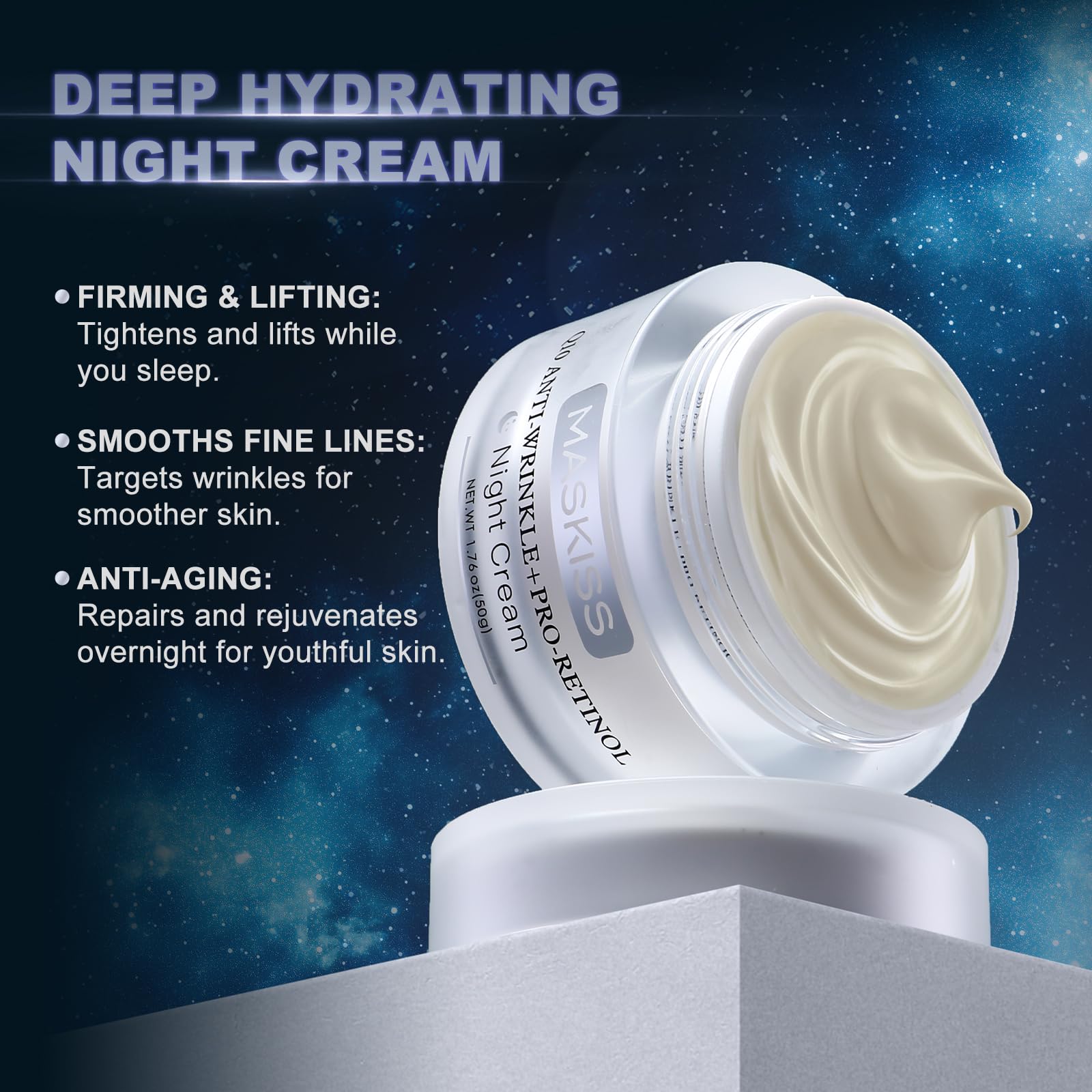 Maskiss Q10 Anti-Wrinkle Night Cream + Pro-Retinol, Unscented Anti-Aging Face Moisturizer for Sensitive Skin, Firming Face and Neck Cream, 1.76 Oz Jar