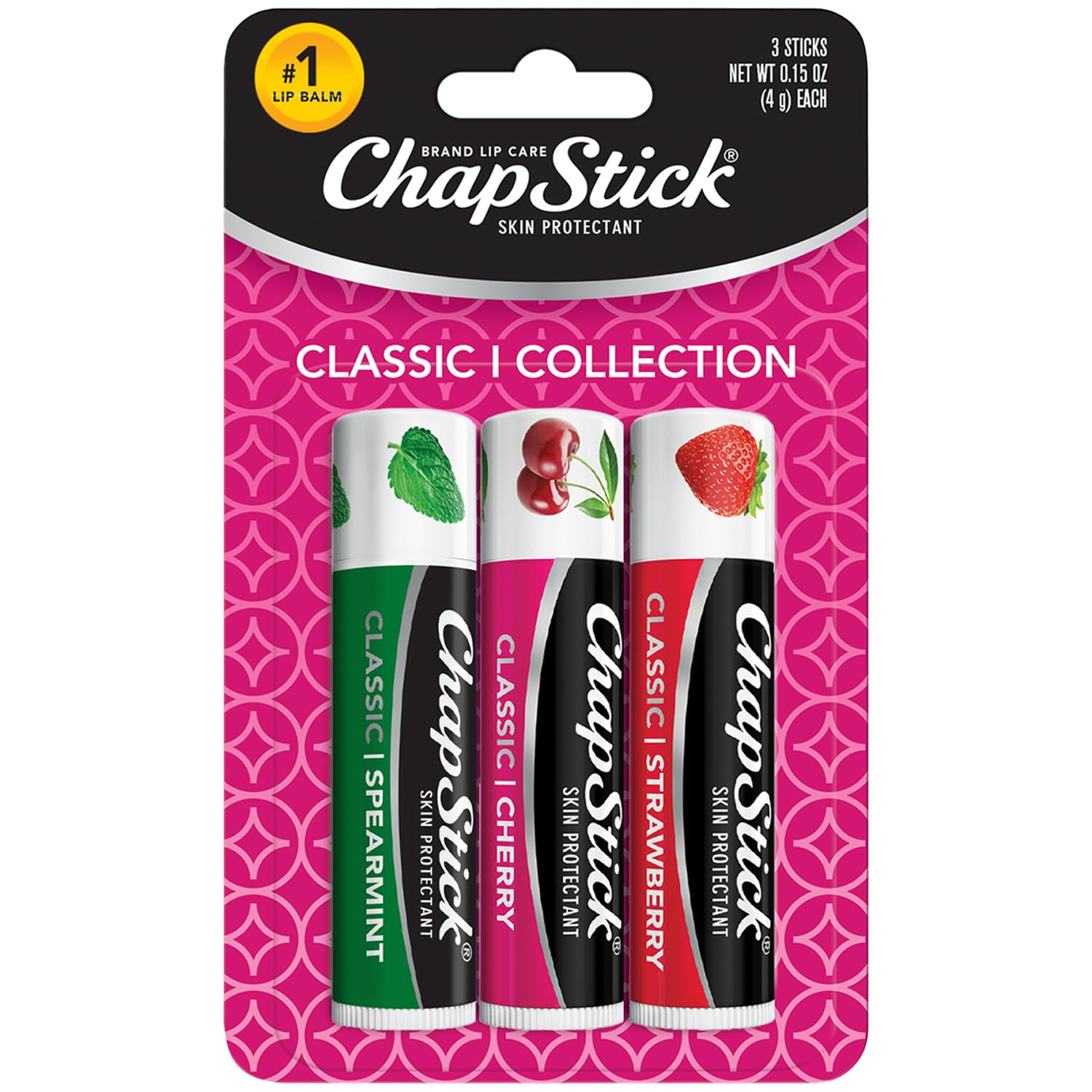 ChapStick Lip Care Set, Classic Collection 3-Pack – Spearmint, Cherry, and Strawberry Lip Balm, 0.15 Ea