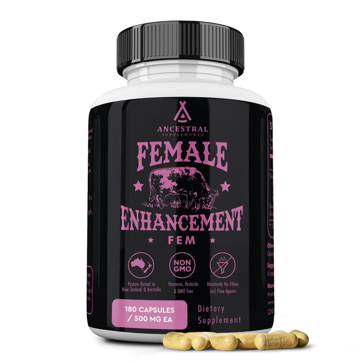 Ancestral Supplements Grass Fed FEM Liver Supplement for Women with Collagen, CoQ10, Vitamin B12, Joint Support Bone Marrow Capsules for Energy, Immunity, Pasture Raised, NonGMO, 500mg Each, 180 Count