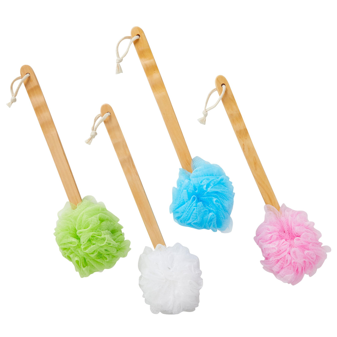 Juvale Bath Shower Body Wash Puff with Long Handle (4 Pack) 4 Colors