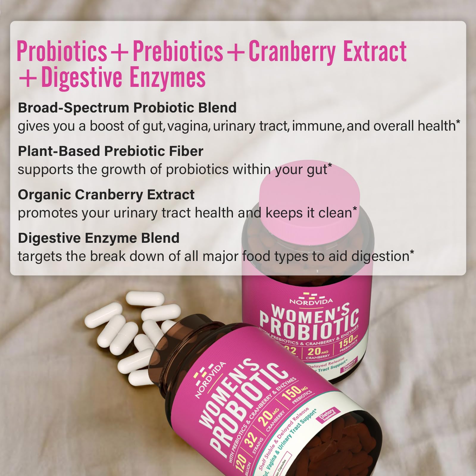 Nordvida Women's Probiotic, 120 Billion & 32 Strains with Cranberry, Prebiotics & Digestive Enzymes, Gut, Vaginal & Urinary Tract Support, 30 Delayed Release Capsules