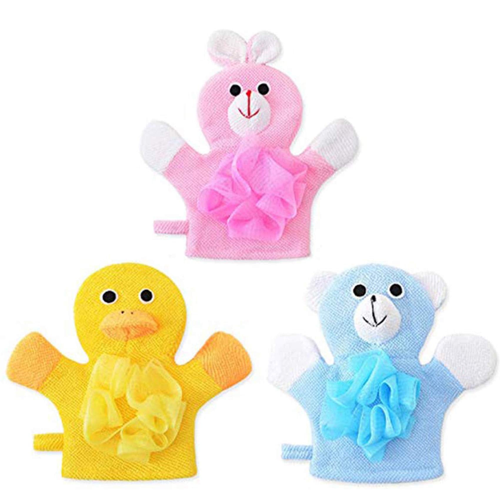 Bath and Shower Loofah Sponge For Kids,Non-toxic,Skin-friendly Soft Terry Cloth Bath Puppet,Wash Cloth,Bath Mitt,Bath Mitt,Terry Cloth Bath Mitt Set of 3,Cute Face Design(Cartoon Rabbit/Duck/Bear)