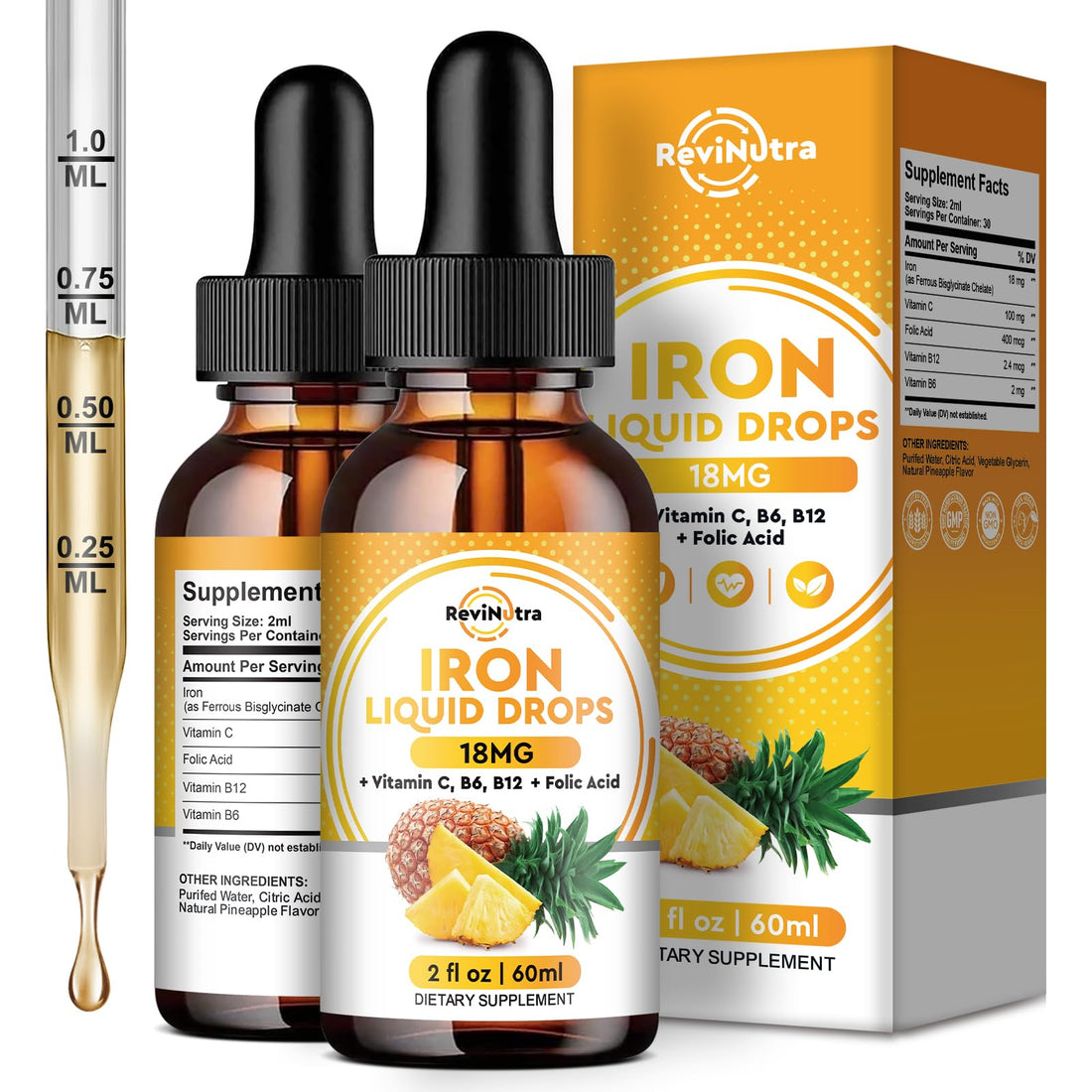 2 Pack Liquid Iron Supplement for Women, Men & Kids, Liquid Iron Drops with Folate, Vitamin C, B6, B12 for Anemia, Red Blood Cell, Energy Support, Pineapple Flavor