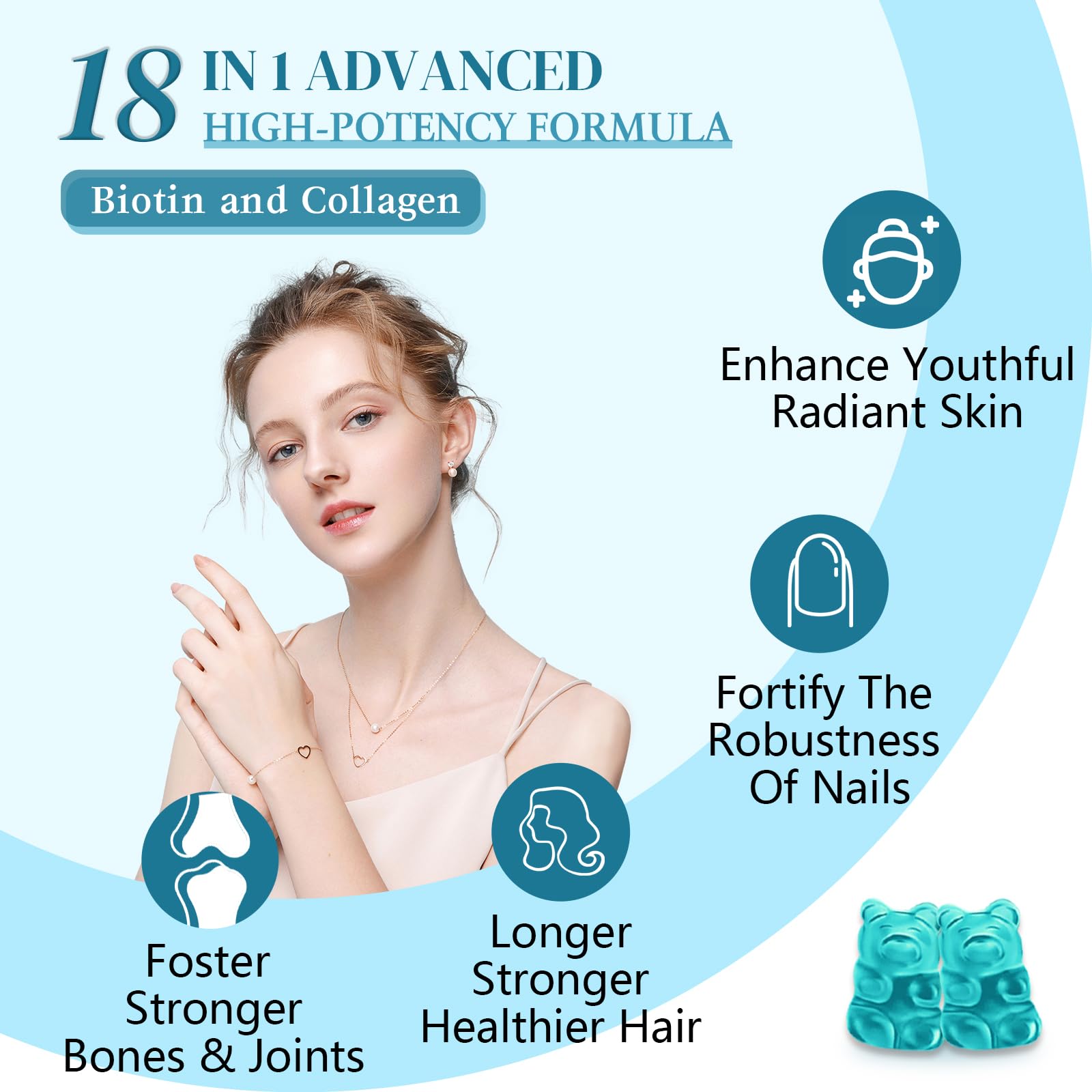 Sijigood Biotin Gummies with Collagen, Keratin, Hyaluronic Acid, Vitamin for Skin, Hair Growth, Nails, Women Men Adults Kids - 60 Blueberry Flavored Gummies