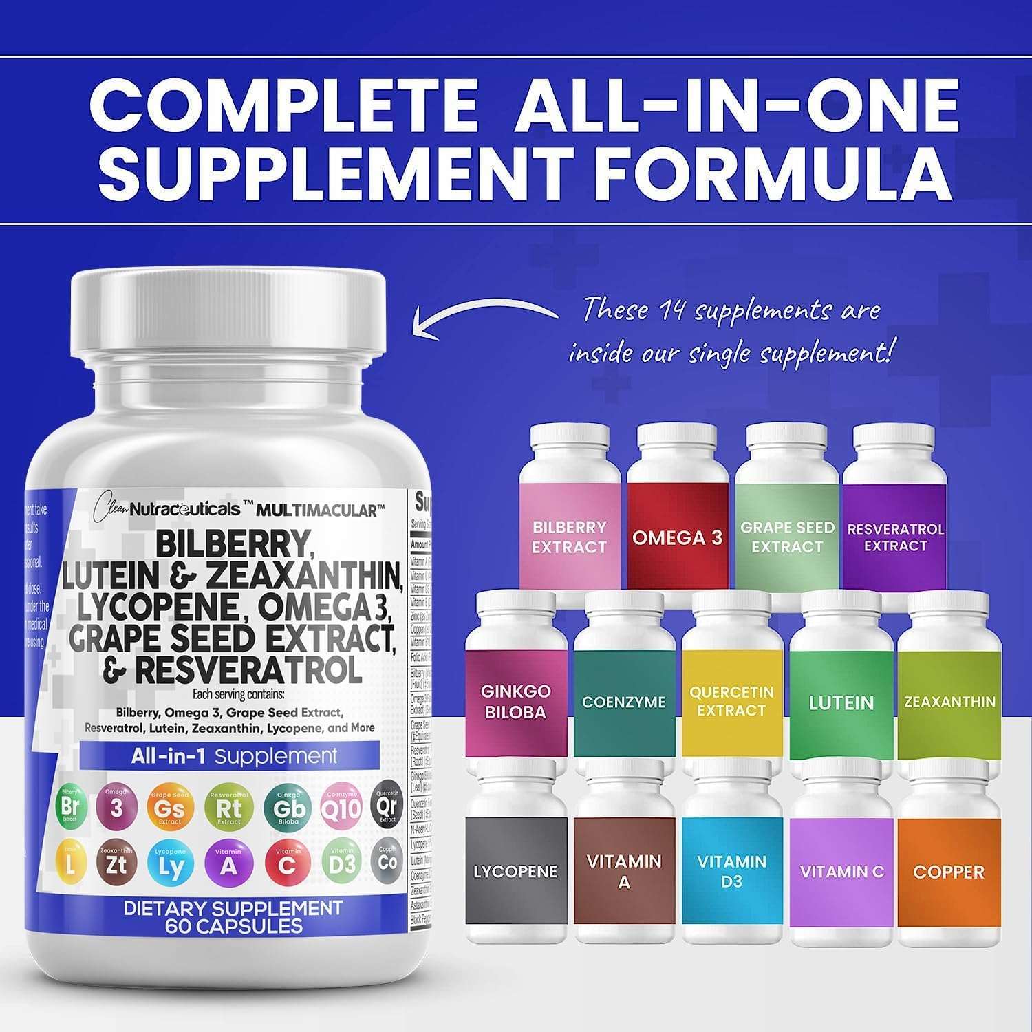 Clean Nutraceuticals Eye Health Vitamins with Bilberry Lutein & Zeaxanthin 40mg Lycopene 40mg Resveratrol Grape Seed Extract Omega 3 Astaxanthin - Eye Vitamin - 60 Capsules