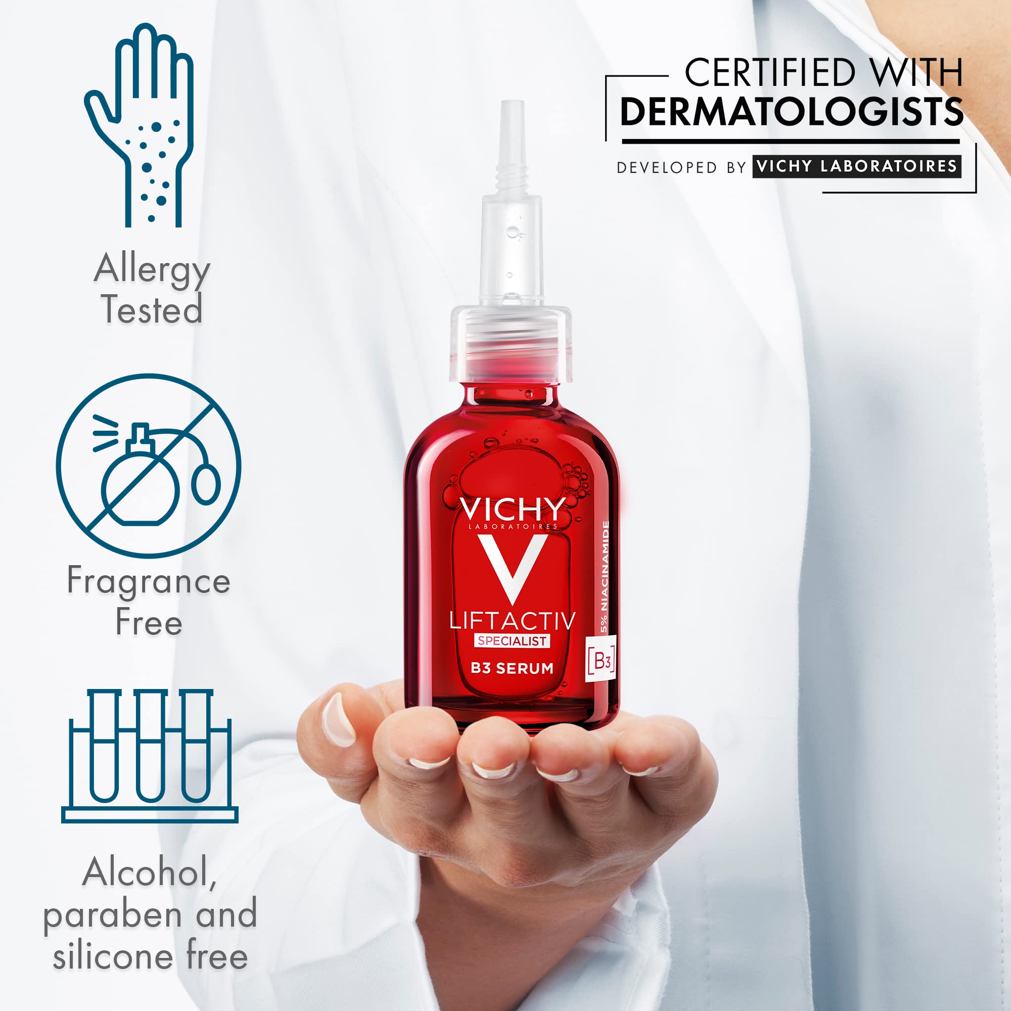 Vichy LiftActiv B3 Serum 5% Niacinamide + Glycolic Acid + Tranexamic Acid + Peptides, Fades Dark Spots & Smooths Wrinkles In 8 Weeks, Discoloration Correcting Serum, Alcohol Free