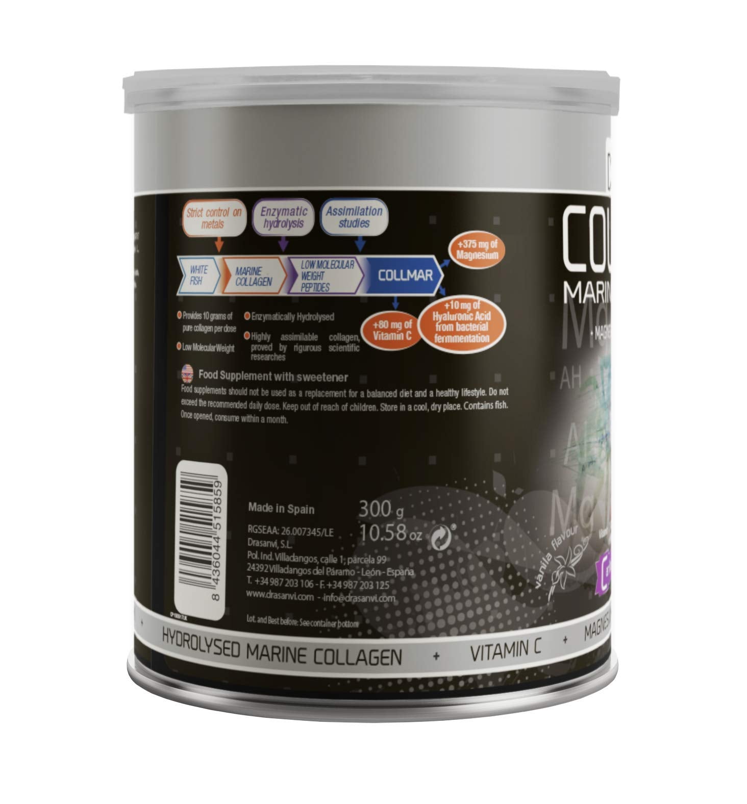 Drasanvi Collmar Hydrolyzed Marine Collagen with Magnesium Powder 300g / 10.58ounce / Vanilla Flavor - for A Healthy Skin Cartilage and Bones - Helps Minimize Tiredness and Fatigue