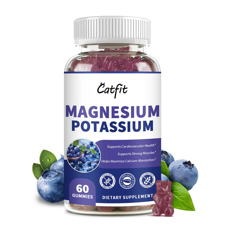 Catfit Potassium Magnesium Supplement Gummies,Magnesium Glycinate,Potassium Gluconate,Triple Magnesium Complex,Calcium,Zinc,Vitamin D3 for Leg Cramps,Sleep,Immunity & Energy,60 Ct Blueberry