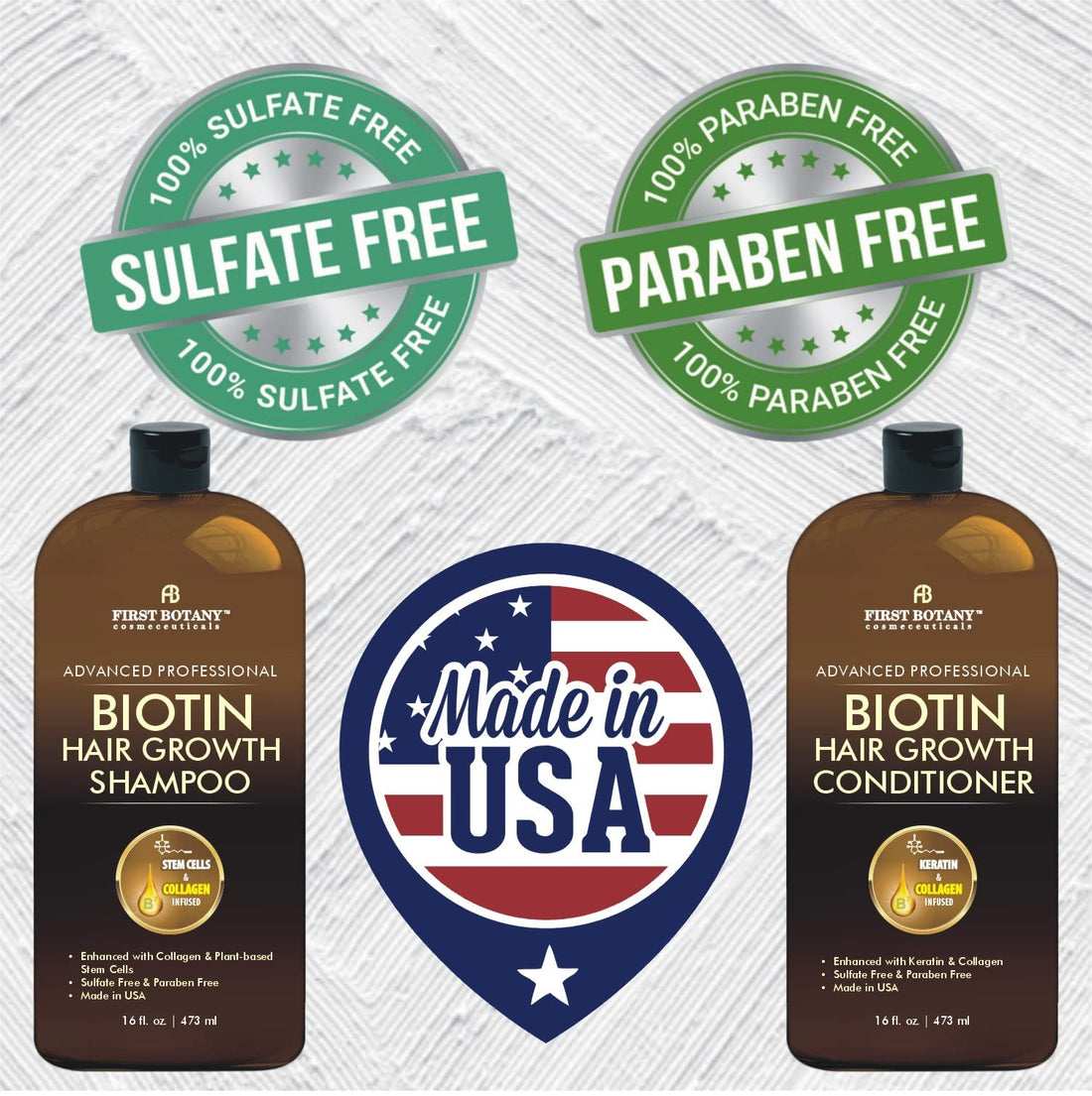 First Botany, Biotin Hair Growth Shampoo Conditioner Anti Hair Loss Thickening formula Collagen & Stem Cell For Hair Regrowth Anti Thinning Sulfate Free For Men Women Anti Dandruff Treatment 16 oz x2