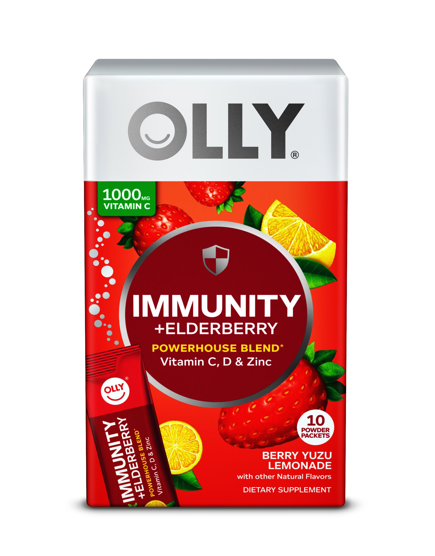 OLLY Immunity Powder, Daytime Immune Support, Elderberry, Vitamin C, D, Zinc, Fizzy Drink Mix, Berry Yuzu Lemonade - 10 Count