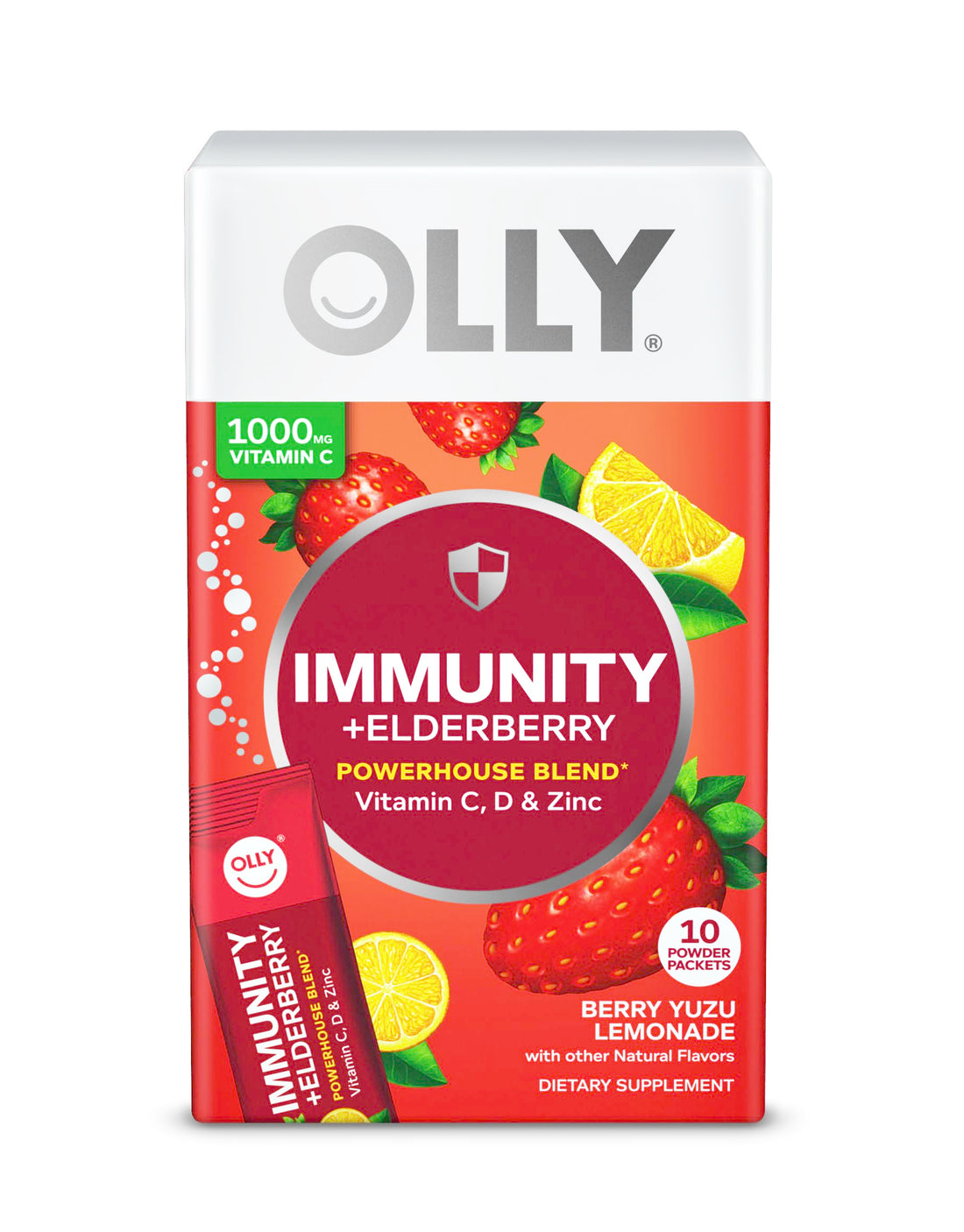 OLLY Immunity Powder, Daytime Immune Support, Elderberry, Vitamin C, D, Zinc, Fizzy Drink Mix, Berry Yuzu Lemonade - 10 Count