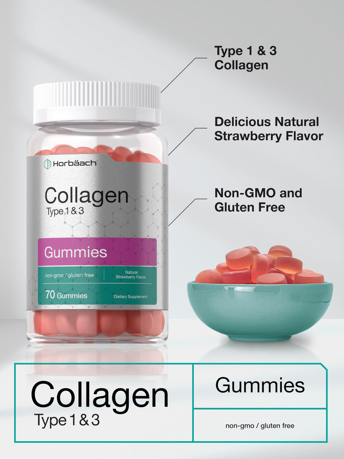 Horbäach Collagen Gummies | 70 Count | Strawberry Flavored Gummy | Hydrolyzed Collagen Type 1 and 3 | Non-GMO, Gluten Free