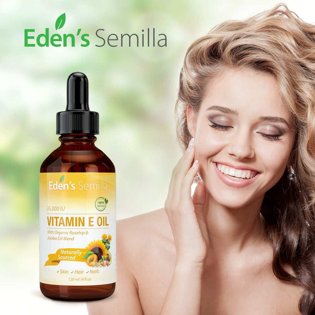 100% Plant Extract Vitamin E Oil 35,000 IU + Organic Rosehip & Jojoba Blend - Fast Absorbing Skin Protection for Face & Body. Pure Ingredients - Ideal for Sensitive Skin - Use Daily