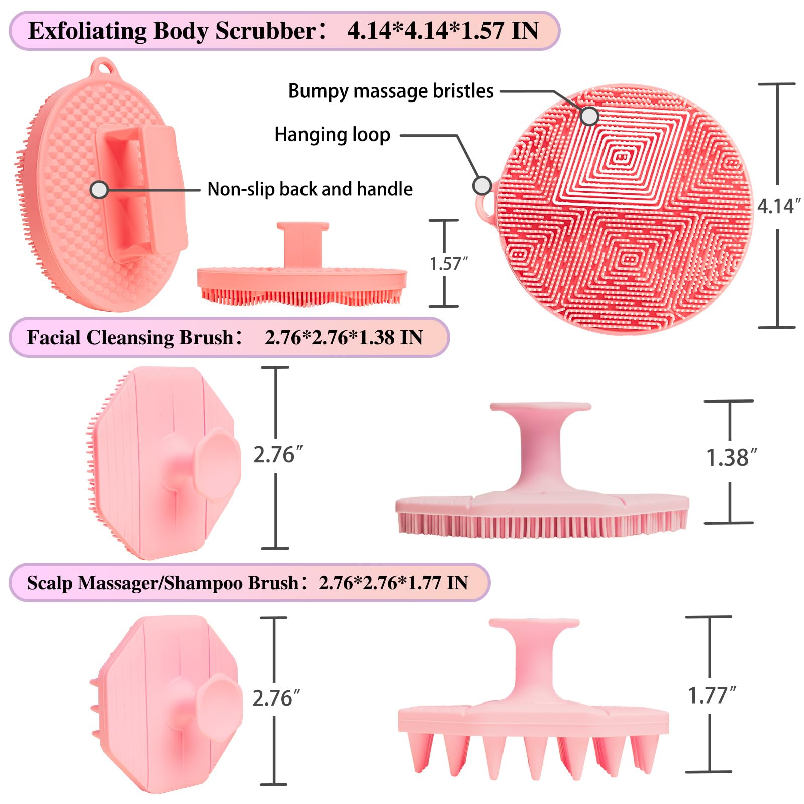 3 Soft Silicone Skin Scrubbers - Body Scrubber Exfoliating Brush Bath Shower Tool, with Gentle Manual Face Cleansing Wash Scrubber, with Hair Scalp Massager Shampoo Brush (Pink)
