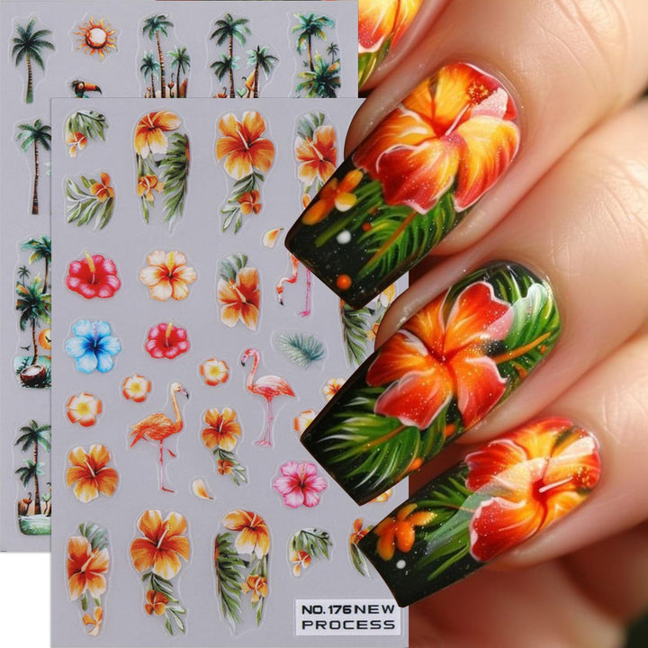 Summer Nail Art Stickers Palm Coconut Tree Nail Stickers Beach Ocean Theme Nail Decals 4PCS 3D Self-Adhesive Tropical Flower Leaf Flamingo Nail Designs Sticker Charms for Women Decorations