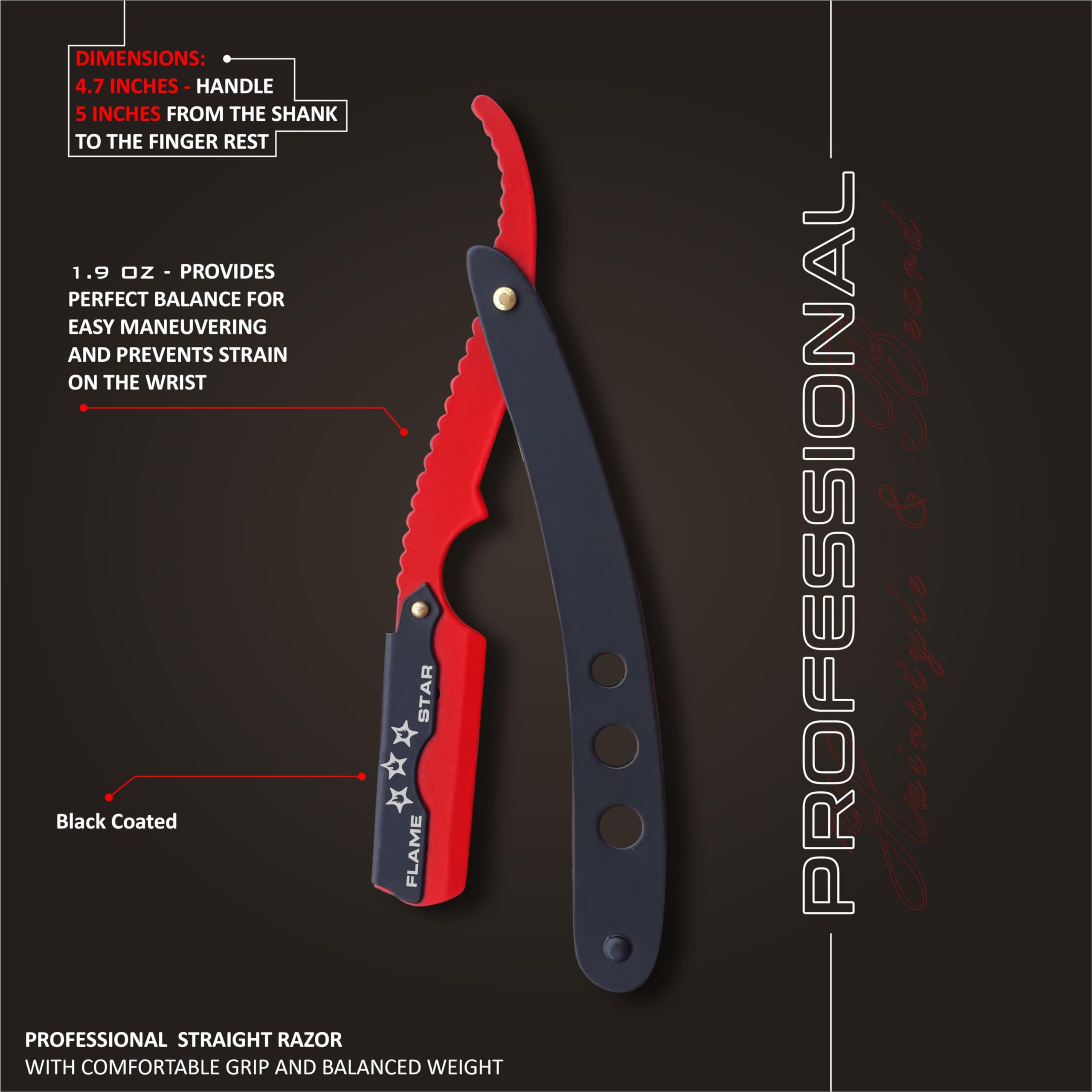 Black Red Barber Staright Edge Salon Hair Cut Razor 100% Stainless Steel with 10 Blades by FLAME STAR