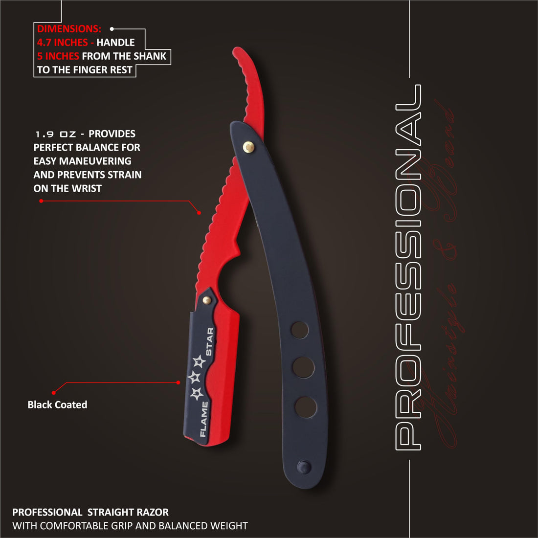 Black Red Barber Staright Edge Salon Hair Cut Razor 100% Stainless Steel with 10 Blades by FLAME STAR