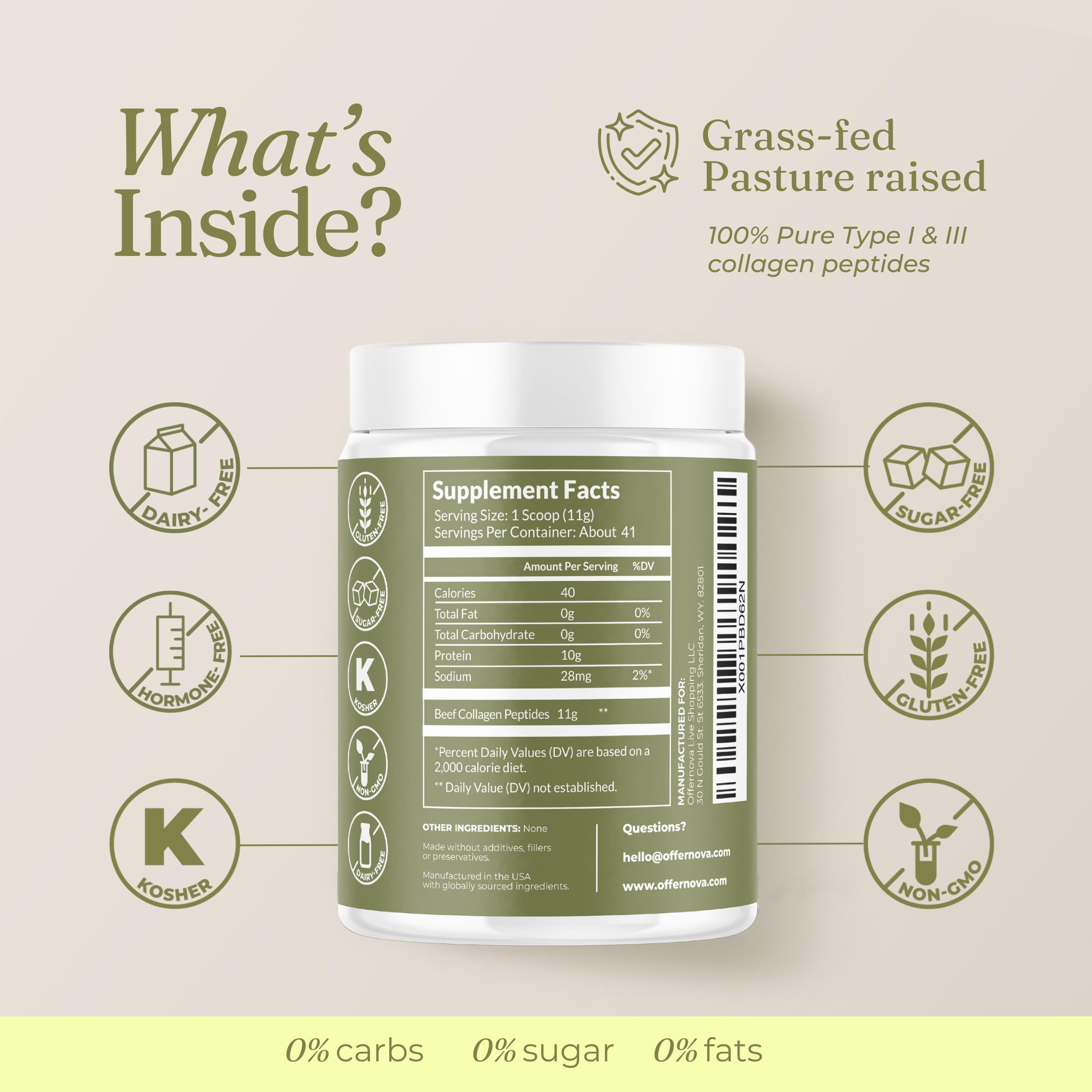 Hydrolyzed Collagen Peptides Powder - 100% Pure, Grass Fed & Unflavored for Women & Men – for Healthy Bones, Joints, Hair & Skin – Colageno Hidrolizado en Polvo Piel, Cabello y Articulaciones