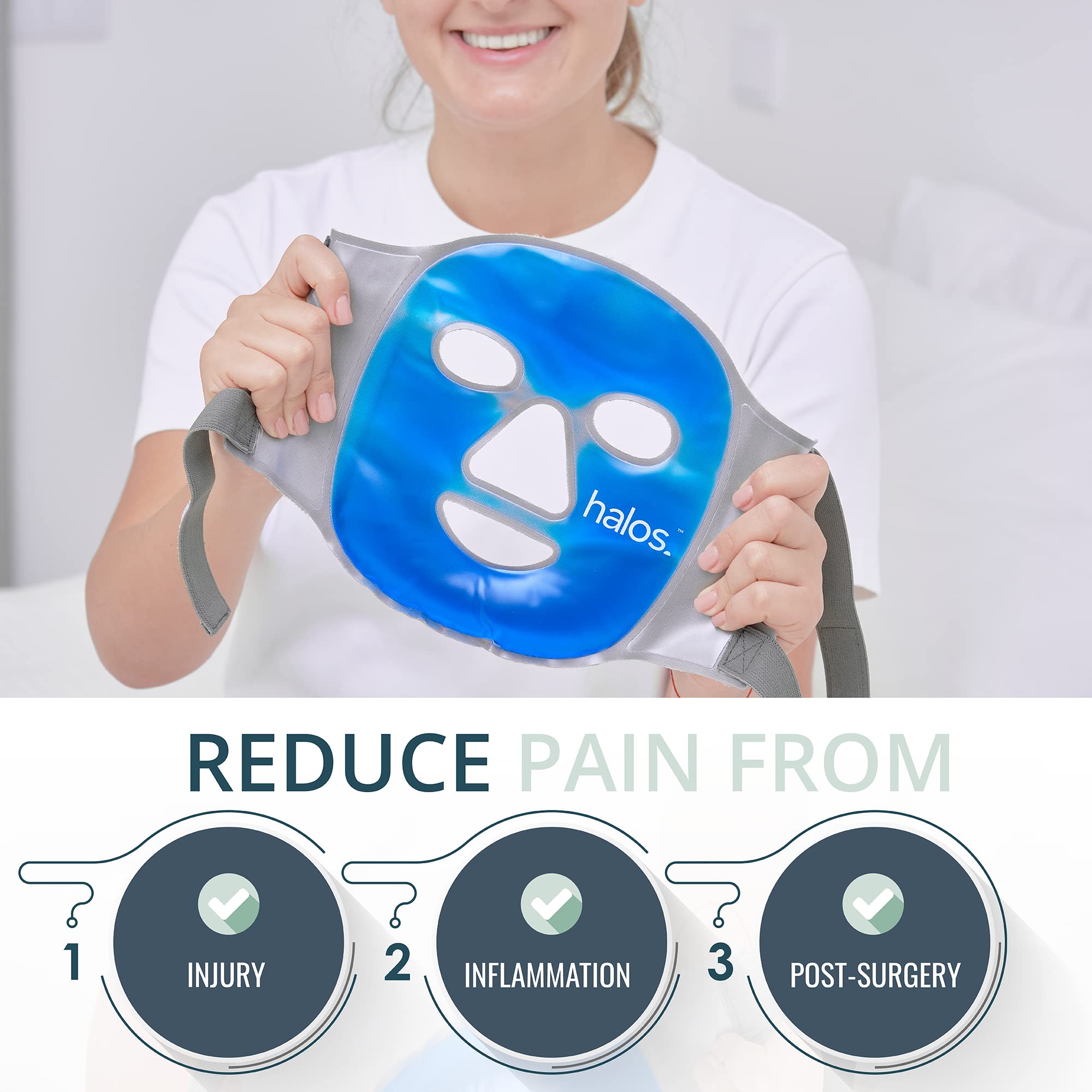 MyHalos Ice Face Mask - Frozen Face Mask for Pain Relief, Migraine & Wisdom Tooth Surgery - Our Cooling Face Mask for Swelling, Puffiness & Stress Relief - Hot or Cold Gel Face Mask Cold Pack