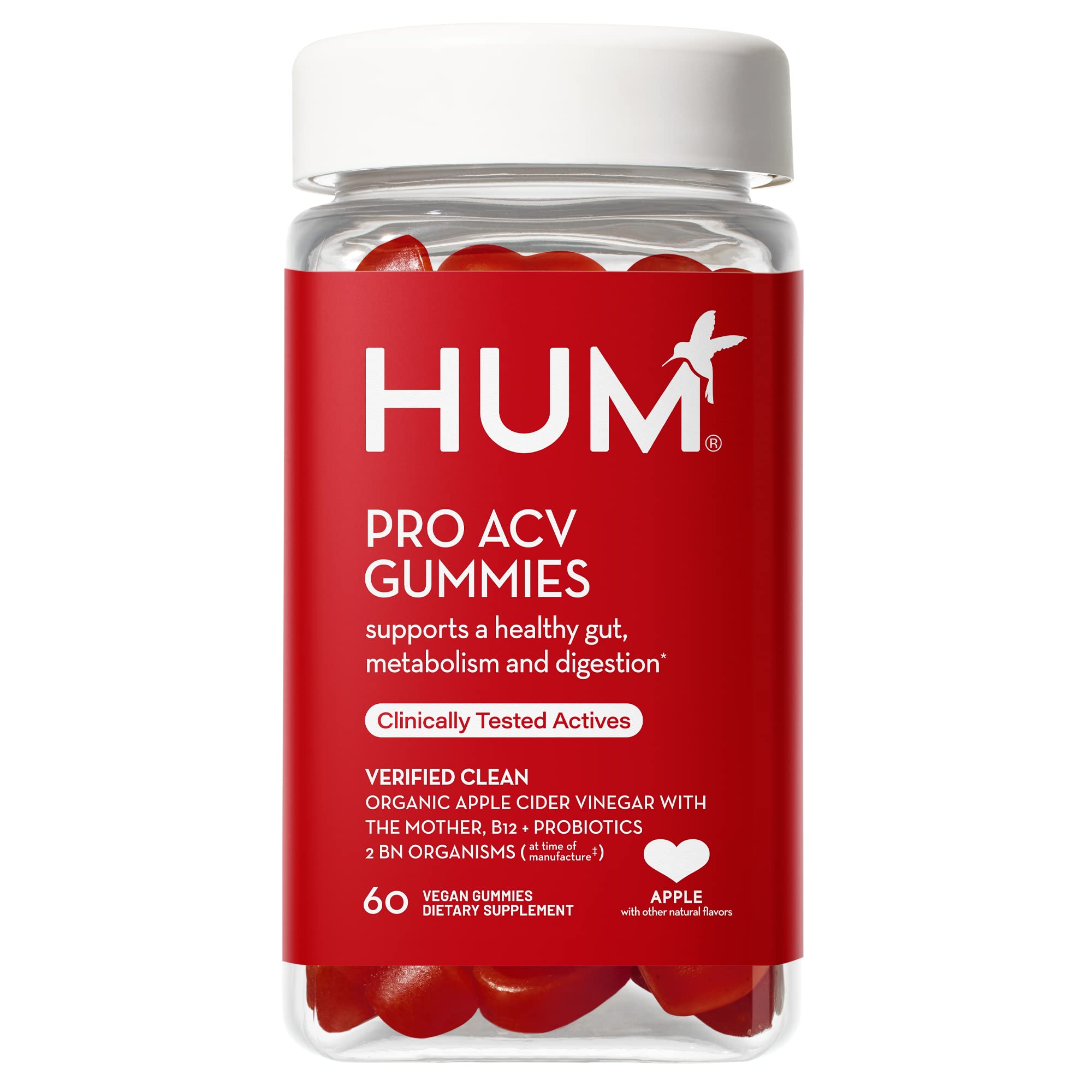 HUM Pro ACV Gummies -100% Organic Apple Cider Vinegar with The Mother, Probiotics for Digestive Health & B12 for Metabolism Support (60 Count)
