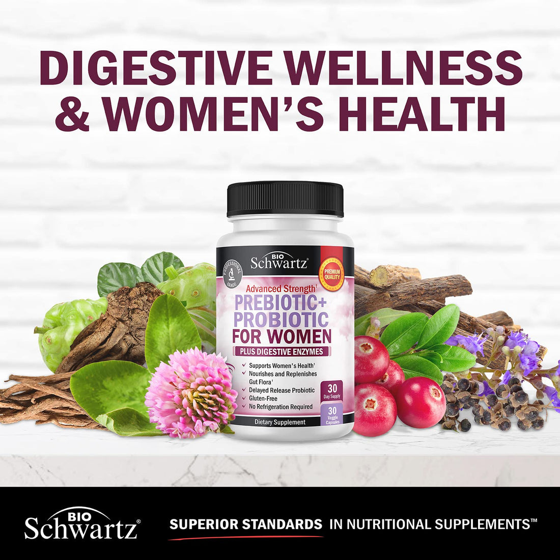 Prebiotics and Probiotics for Women - for Gut, Vaginal and Immune Health Support with Black Cohosh and Red Clover - Whole Food Digestive Enzymes Capsules, Lactobacillus Probiotic Supplement, 30 Count