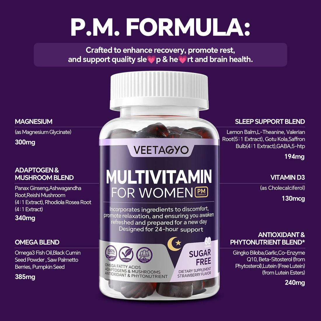Multivitamin for Women AM & PM - Melatonin Free with w/Algae Calcium,Omega-3,Vitamin D3K2,Magnesium for Energy & Relaxation,Rest,Skin,Hair Support - Sugar Free, 24-Hour Support, Vegan,120 Count