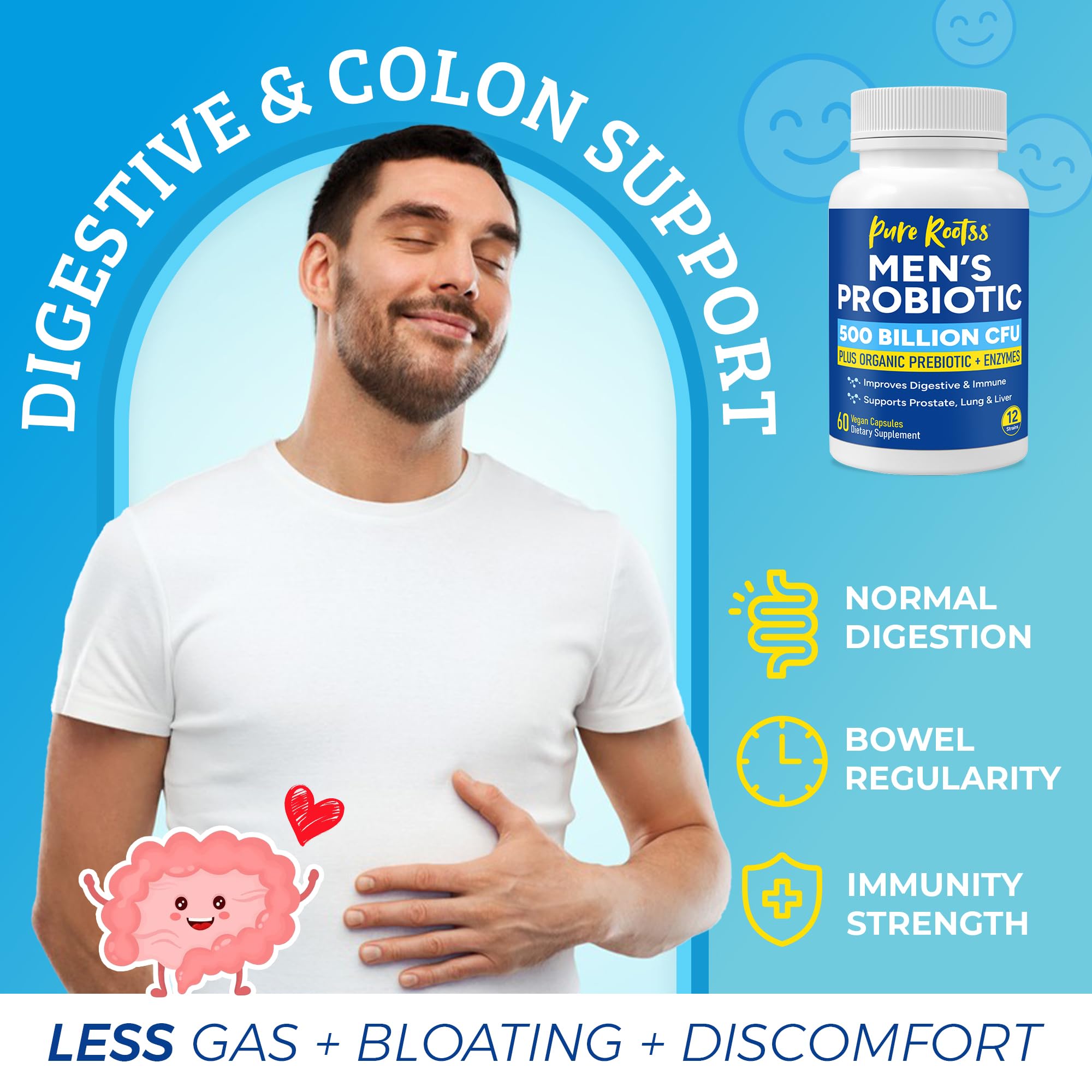 Probiotics for Men, 500 Billion CFUs & 12 Strains, Prebiotic & Probiotic, Cranberry, Saw Palmetto, Digestive Enzymes, Gut & Bloating, Lung Liver Prostate Support, 30-Day Supply