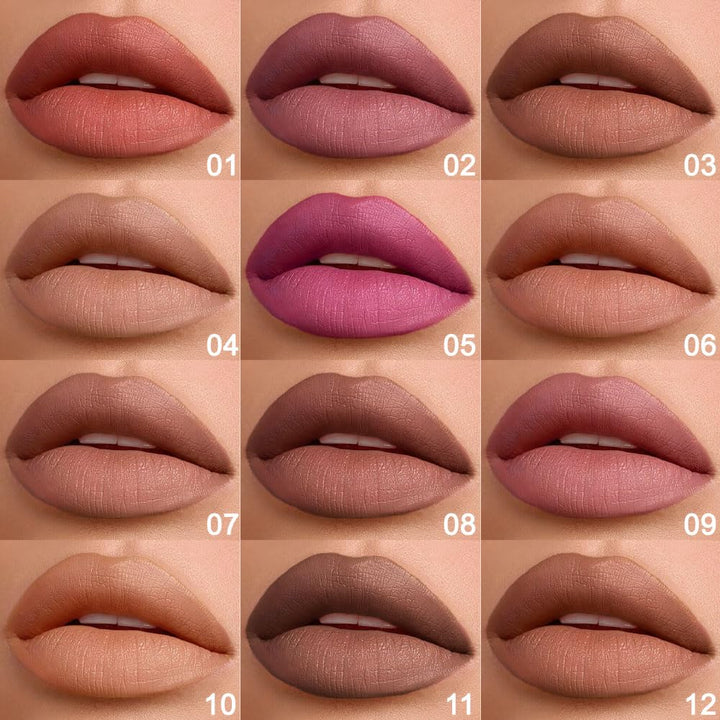 SUAKE 12 Pcs Natural Nude Brown Beige Colors Lip Liner Lipstick Pencils Set for Daily Makeup,Easy to Apply & Remove,Waterproof