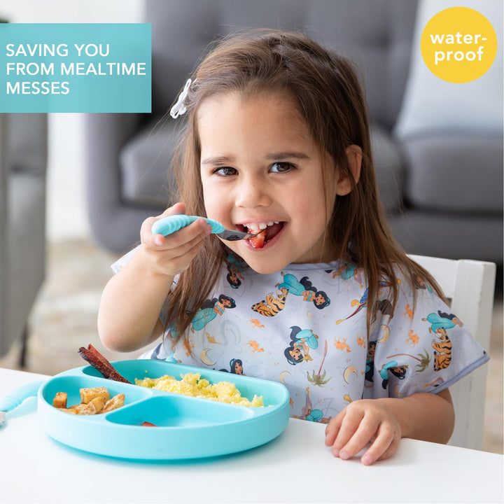 Bumkins Disney Short Sleeve Bib for Girl or Boy, Toddler and Kids for 1-3 Years, Large Size, Essential Must Have for Junior Children, Eating, Mess Saving Soft Fabric Apron for Play, Jasmine