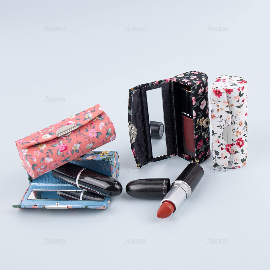 AUEAR, 4 Pack Floral Lipstick Case with Mirror for Purse Travel Lipstick Holder Case (Small Flower Pattern)