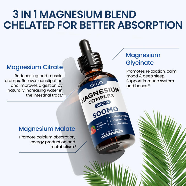 Magnesium Glycinate Liquid Drops 500mg - Triple Magnesium Complex Supplement with Citrate, Malate, Ashwagandha, L-Theanine, Vitamin B6 for Sleep, Stress Relief, Muscle, Strawberry Flavor 4 Fl Oz